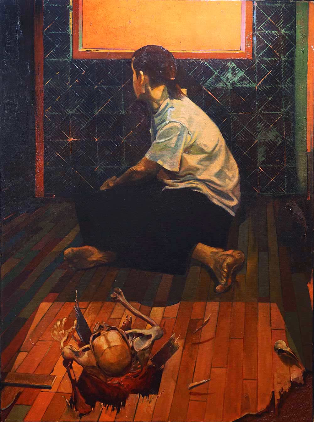 Painting of anxiety, a skeleton breaking through the floor.