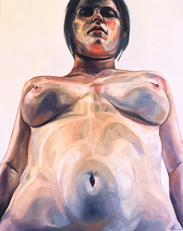 oil painting of a larger than life nude female looking down at you