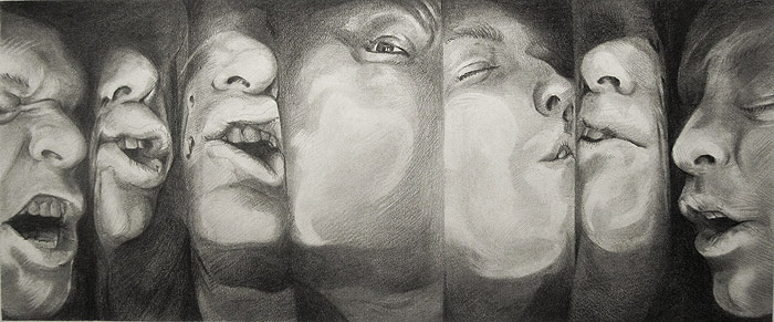 Graphite drawing of multiple squished faces