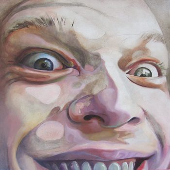 A crazy smile and dramatic self portrait painted in bold colors