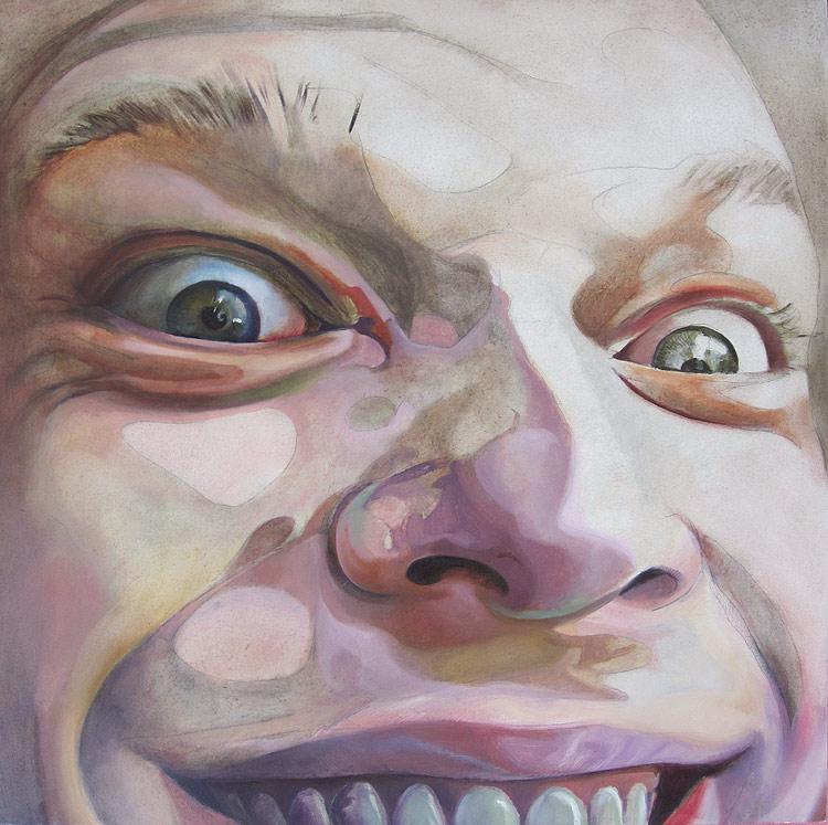 A crazy smile and dramatic self portrait painted in bold colors