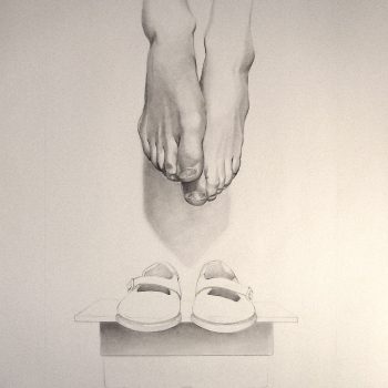 Graphite drawing of feet floating above a pair of kids shoes.
