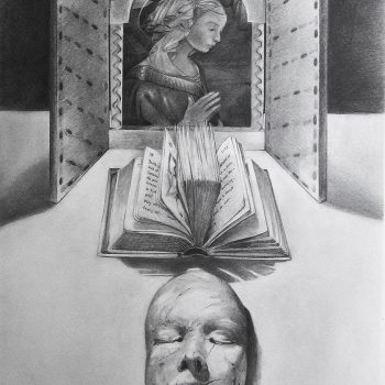 Still life with book, alter piece and death mask
