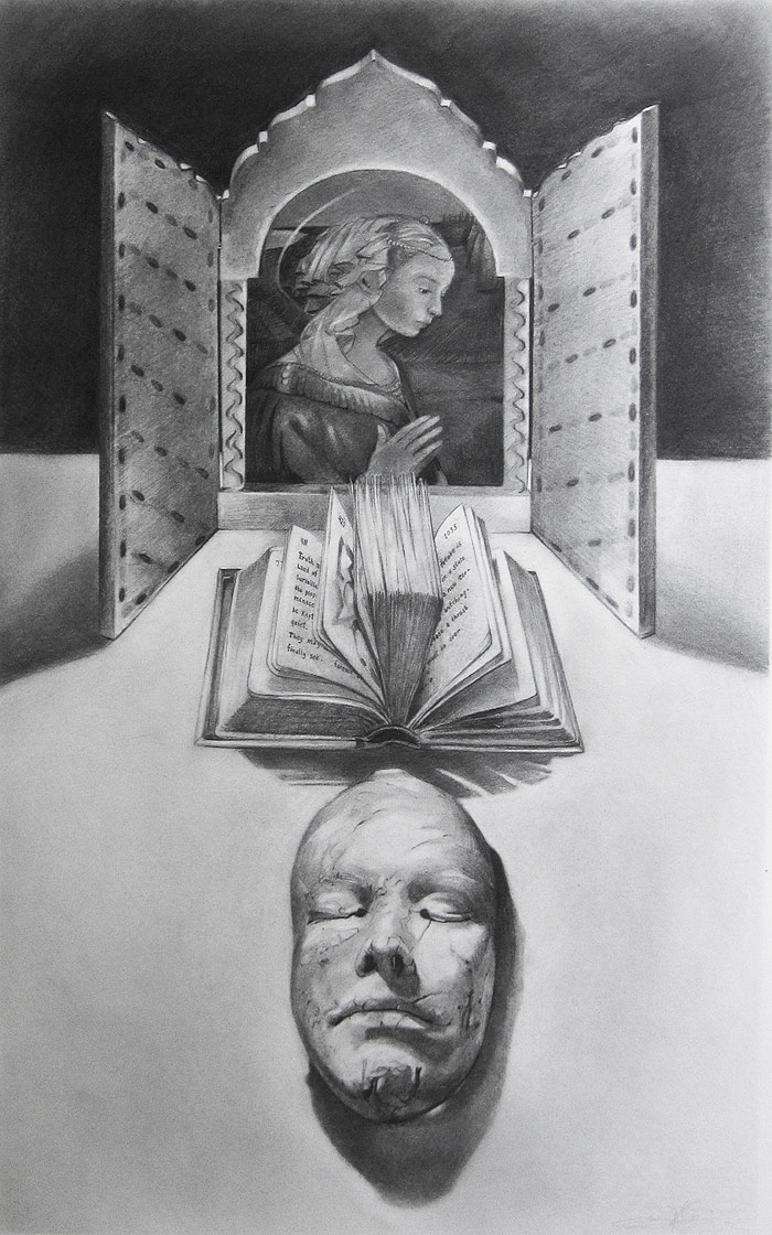 Still life with book, alter piece and death mask