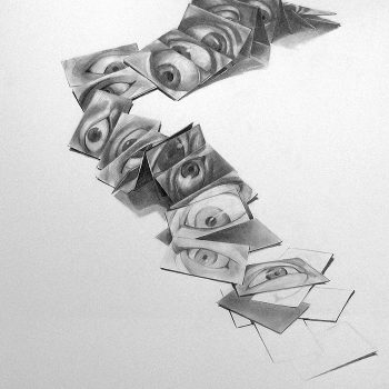 Graphite drawing of eyes in a line like a deck of cards.