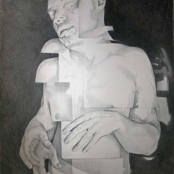 graphite self portrait, broken into shapes and abstractions.
