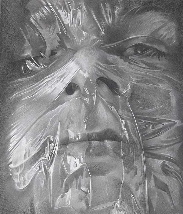 Charcoal and Conte Drawing of Face Wrapped in Plastic
