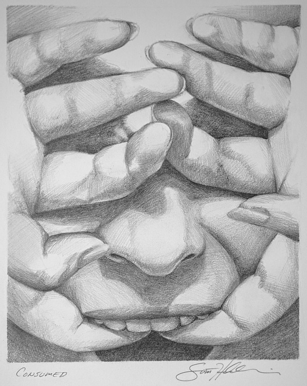 A portrait drawing in graphite with fingers covering her face and an open mouth.