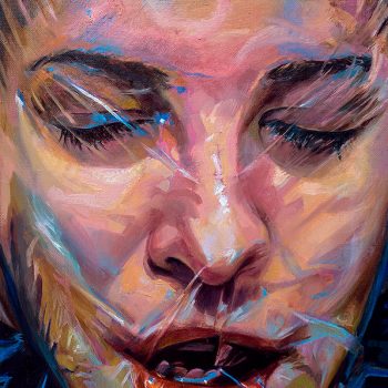 Oil painting of a colorful face under plastic