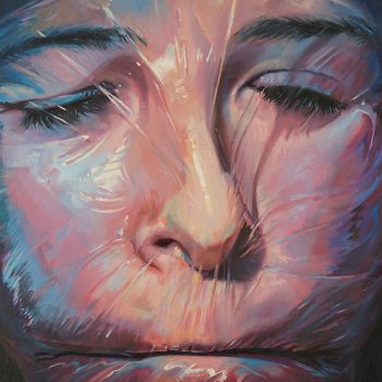 Oil portrait painting of female face wrapped in plastic
