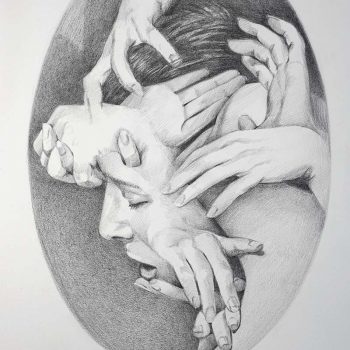Surreal portrait drawing of a woman with hands around her head.