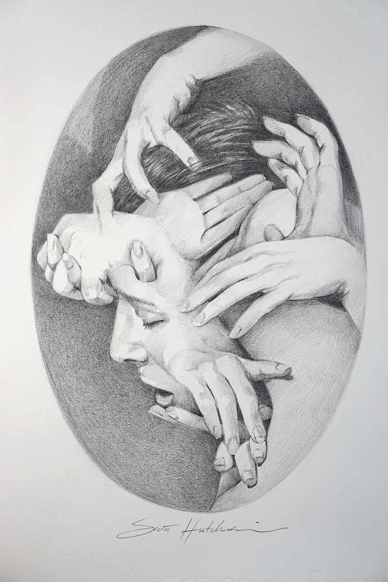 Surreal portrait drawing of a woman with hands around her head.