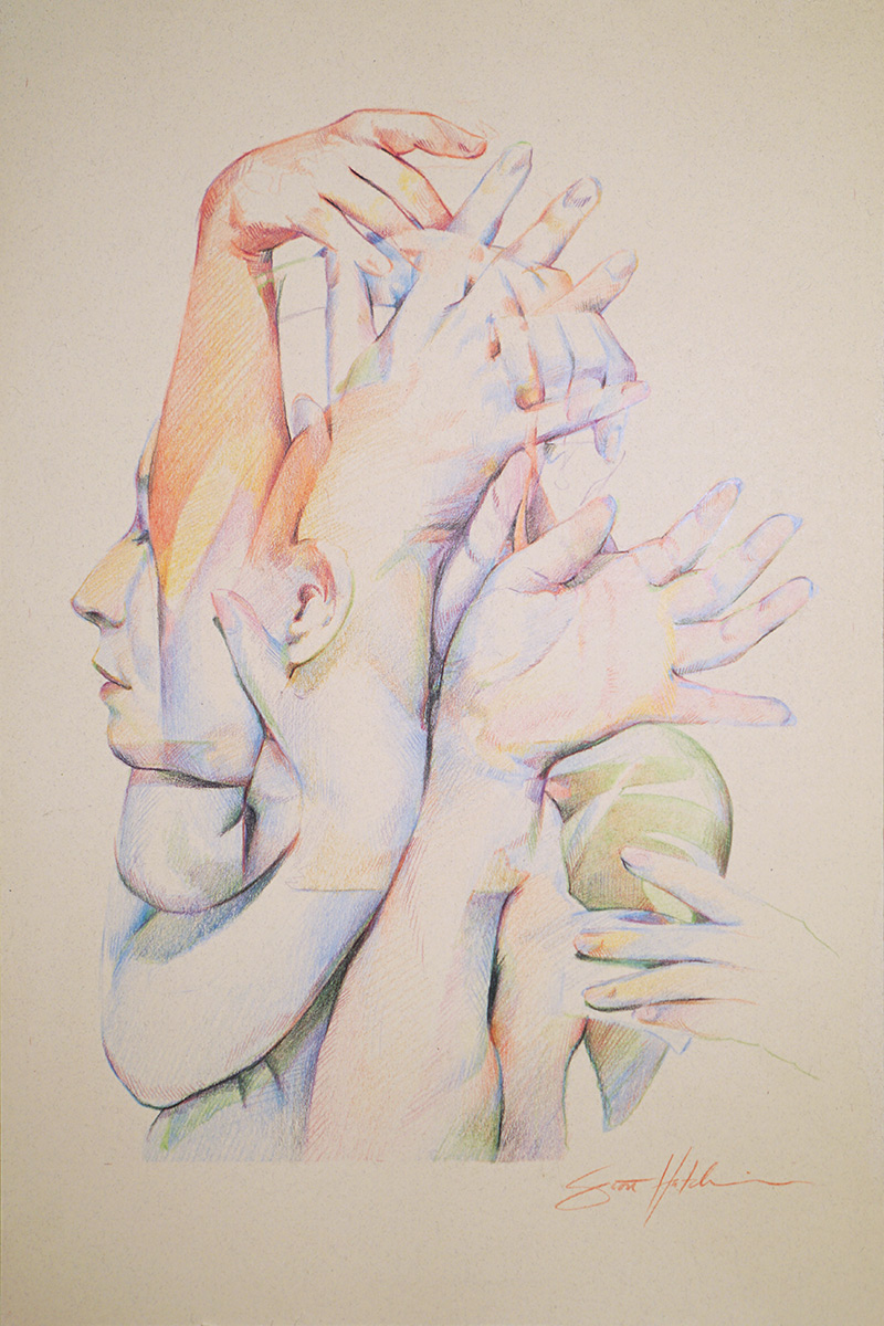 Surreal Color Pencil Portrait Drawing with a headdress of hands