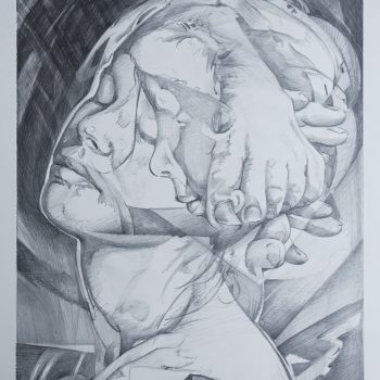 Surreal Graphite drawing of a reassembled woman's face, hands, and Feet