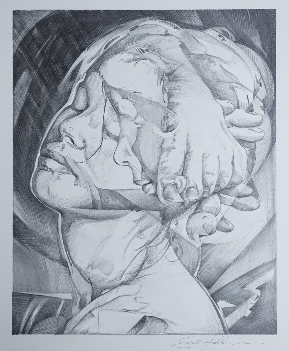 Surreal Graphite drawing of a reassembled woman's face, hands, and Feet