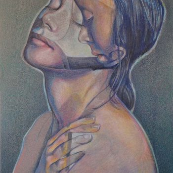 color pencil drawing of a woman with her eyes closed and hugging herself.