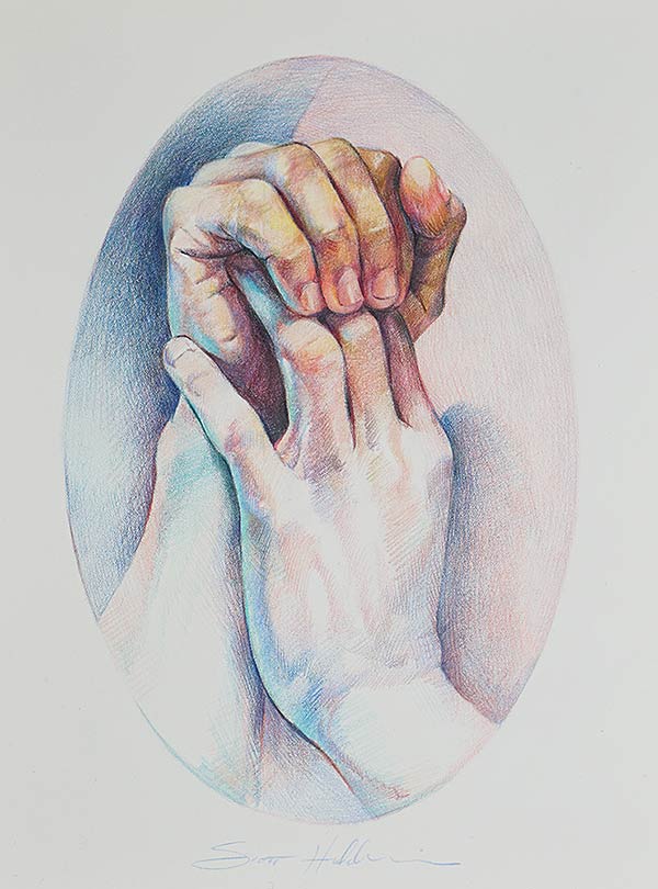 Colorful color pencil study of hands in a subtle prayer.