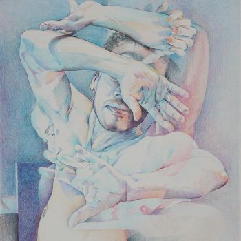 Surreal Figurative Color Pencil Drawing of A Man with Multiple Arms, Covering His Eyes