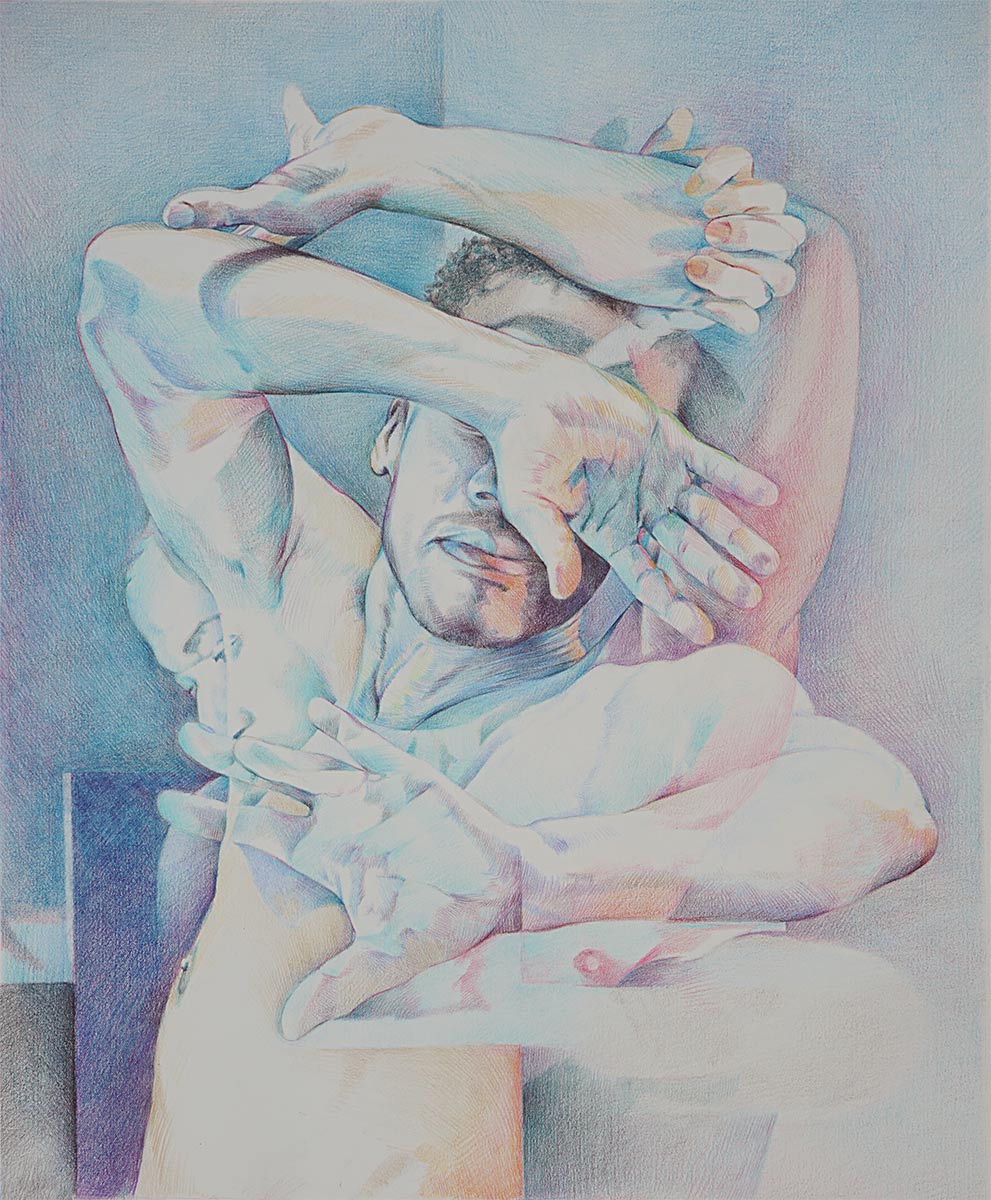 Surreal Figurative Color Pencil Drawing of A Man with Multiple Arms, Covering His Eyes