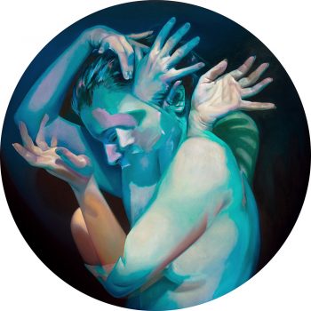Painting of a woman with hands protruding from her back titled "Metamorphosis"