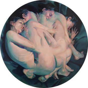 Multiple figures in the fetal position painted on a round aluminum panel.