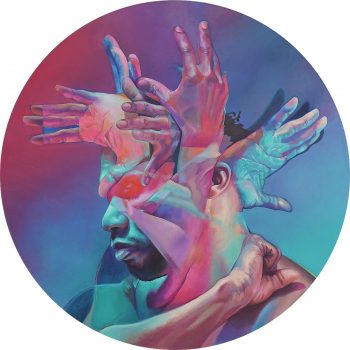 colorful portrait with hands around his head