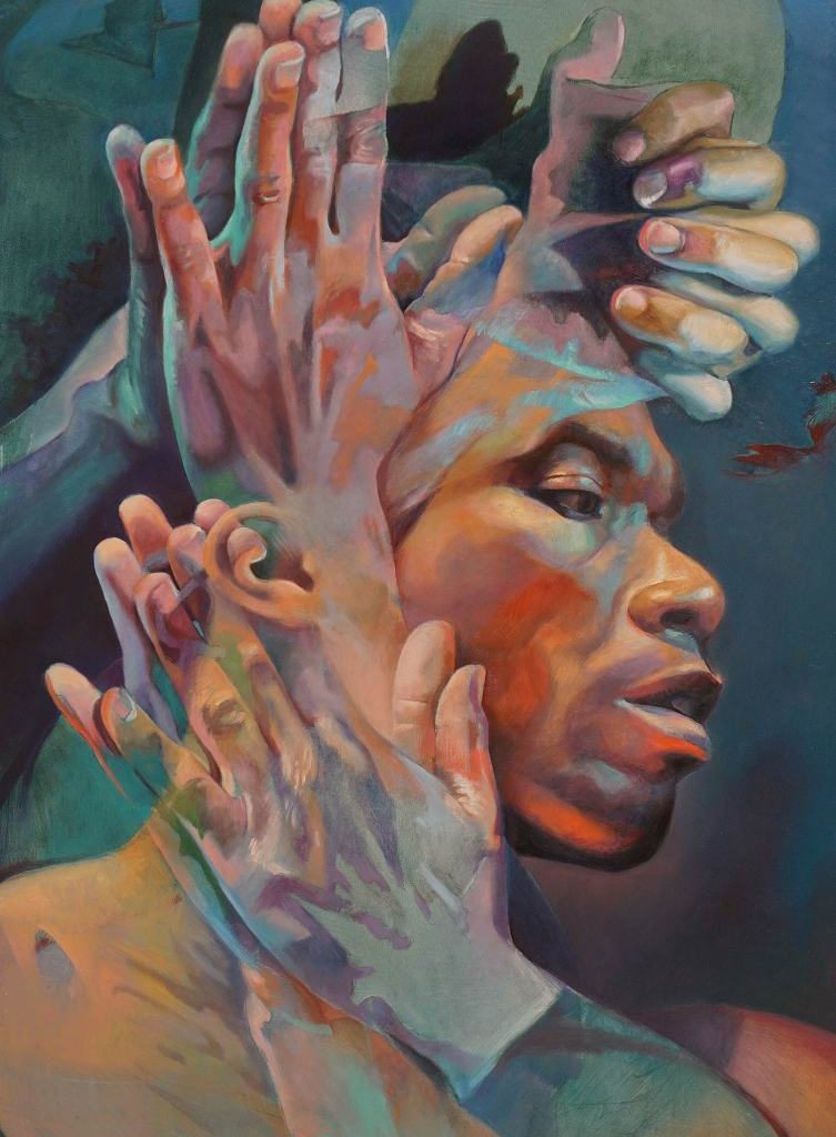 Colorful portrait painting surrounded by praying hands