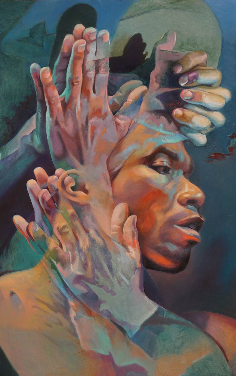 Colorful portrait painting surrounded by praying hands