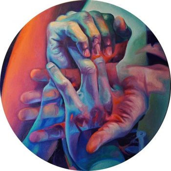 Colorful hands painted on a round aluminum panel