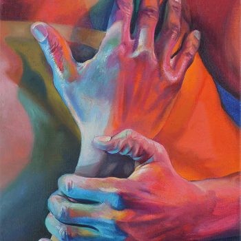 A realistic oil painting of two hands in red