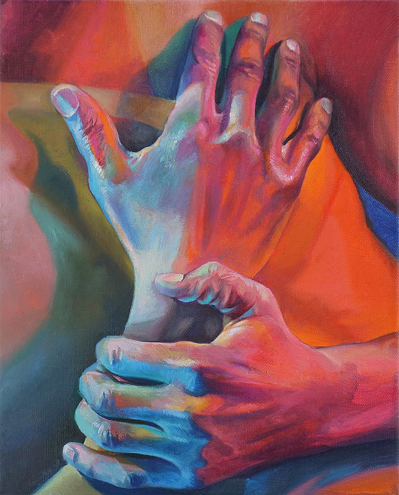 A realistic oil painting of two hands in red