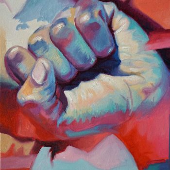 A colorful painting of a hand in a gesture of a hand in protest, solidarity or defiance.