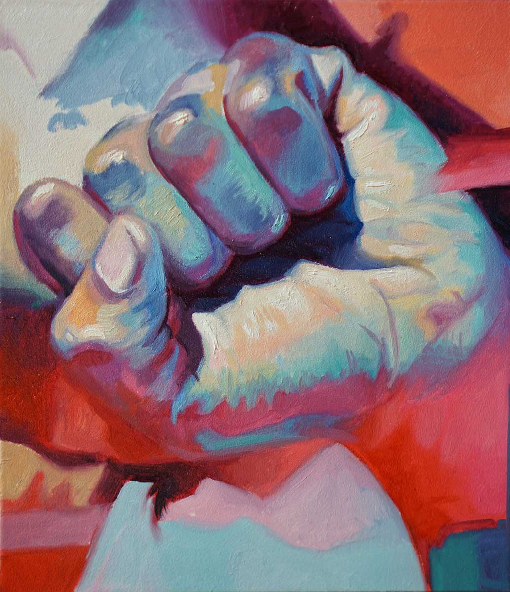A colorful painting of a hand in a gesture of a hand in protest, solidarity or defiance.