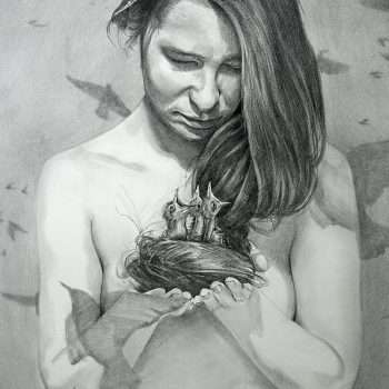 Graphite drawing of a Woman holding birds nest made of her hair