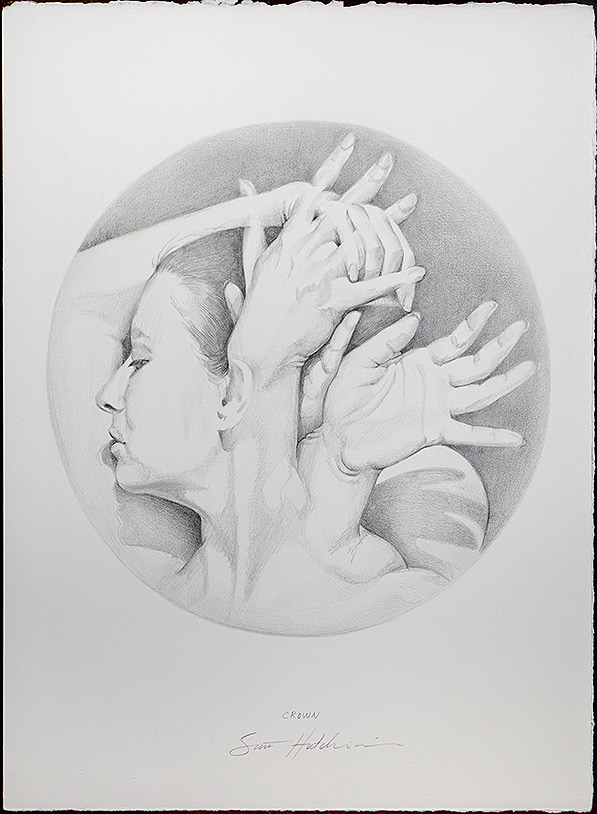 Profile portrait in graphite with hands