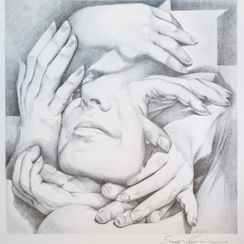 graphite drawing of a woman's face surrounded by hands