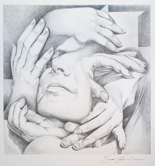 graphite drawing of a woman's face surrounded by hands