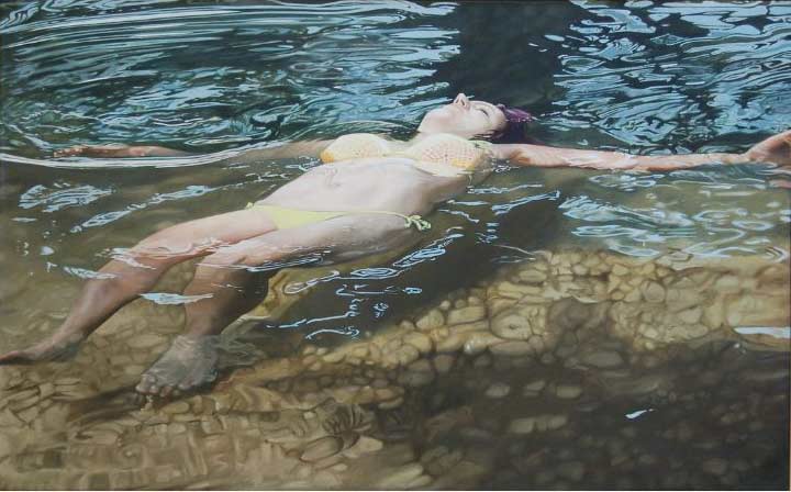 A very detailed painting of a woman floating on her back