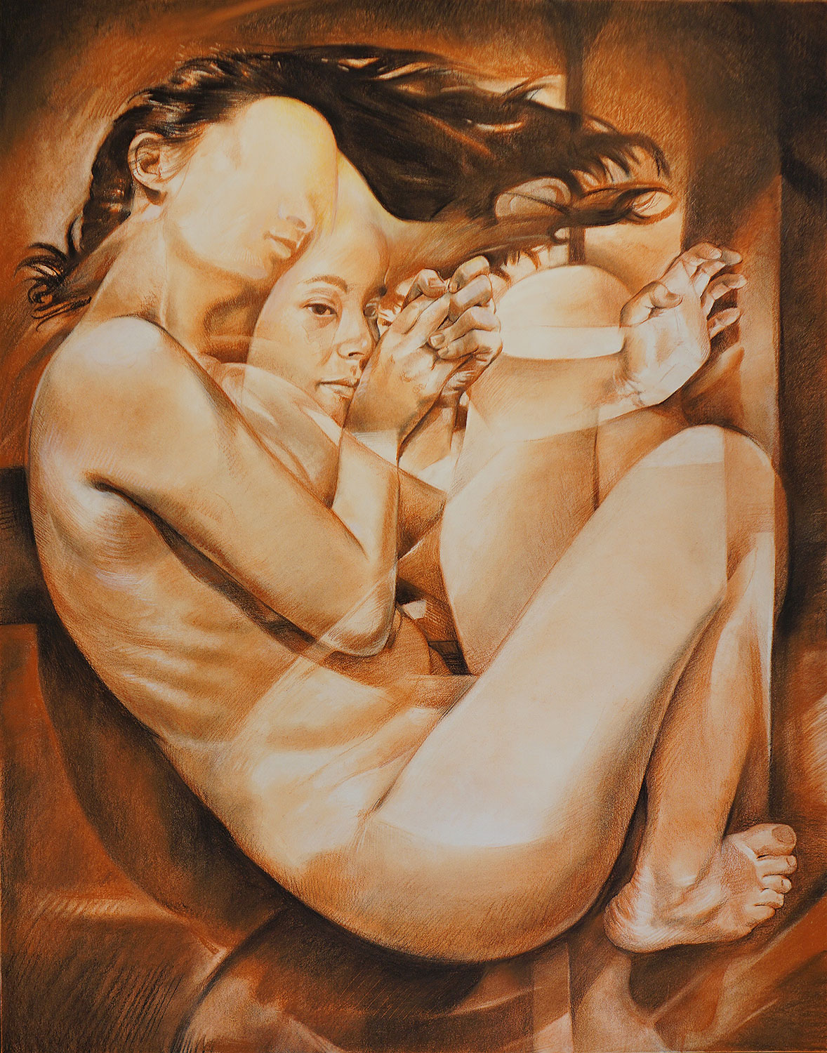 In The Nursery - Nude Figure color conte drawing