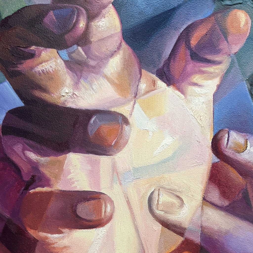 Details of Round Oil painting of Hands titled "Evolving" by Scott Hutchison