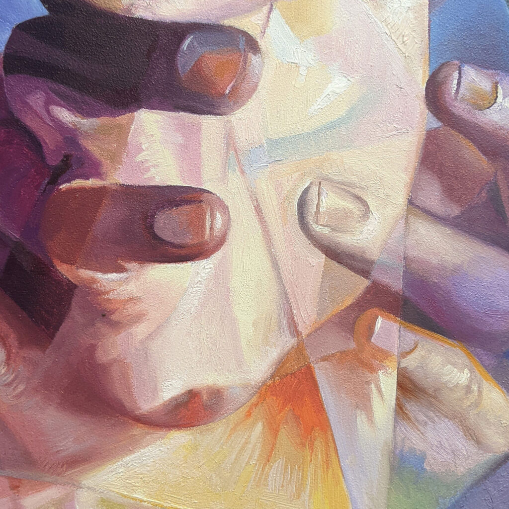 Close up of Round Oil painting of Hands titled "Evolving" by Scott Hutchison
