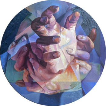 Round Oil painting of Hands titled "Evolving" by Scott Hutchison